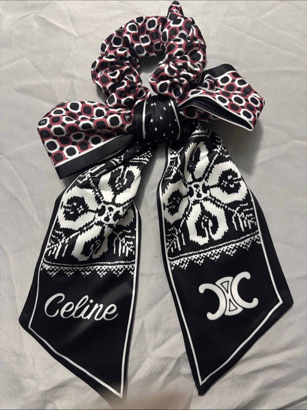Celine Reversible Black, White & Pink Patterned Silk Bow Scrunchie Scarf